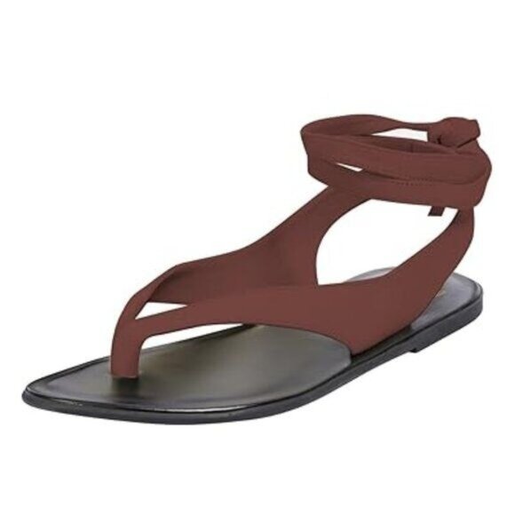 FOWT Brown Women Split Round Toe Sandals Lace up Strappy Comfortable Flats - Picture 1 of 8